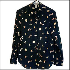H & M Black Blouse with Bees, Dragonflies; Button Down Blouse